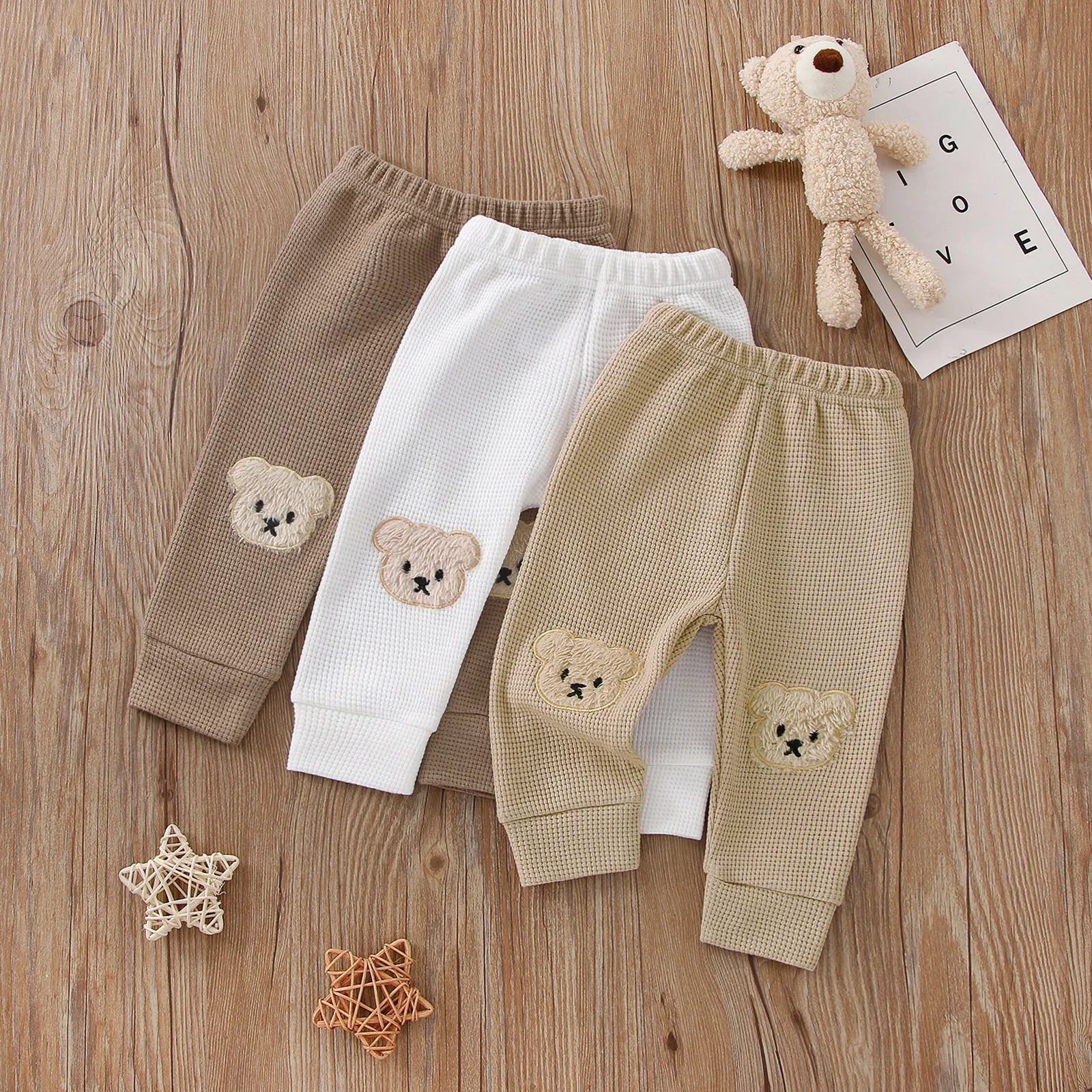 Infant Baby Girls Boys Pants, Cartoon Bear Applique Elastic Waist Trousers, Waffle-Knit Casual Pants for Toddlers, 0-3 Years