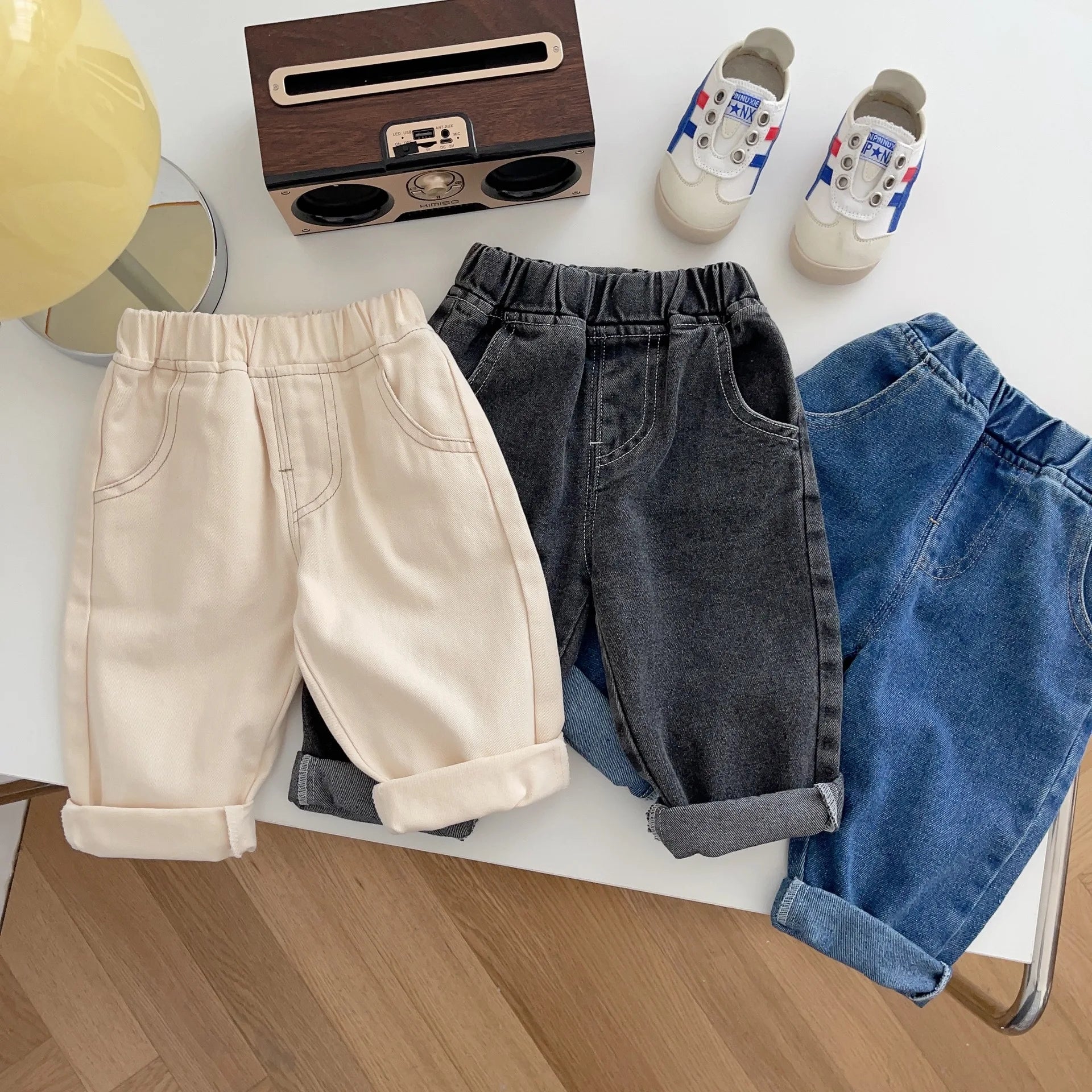 Children Solid Jeans 0-5y Baby Autumn Kid Boy Simple Soft Casual Pants Girl Baby Pockets Loose Fashion Trousers Infant Dungarees