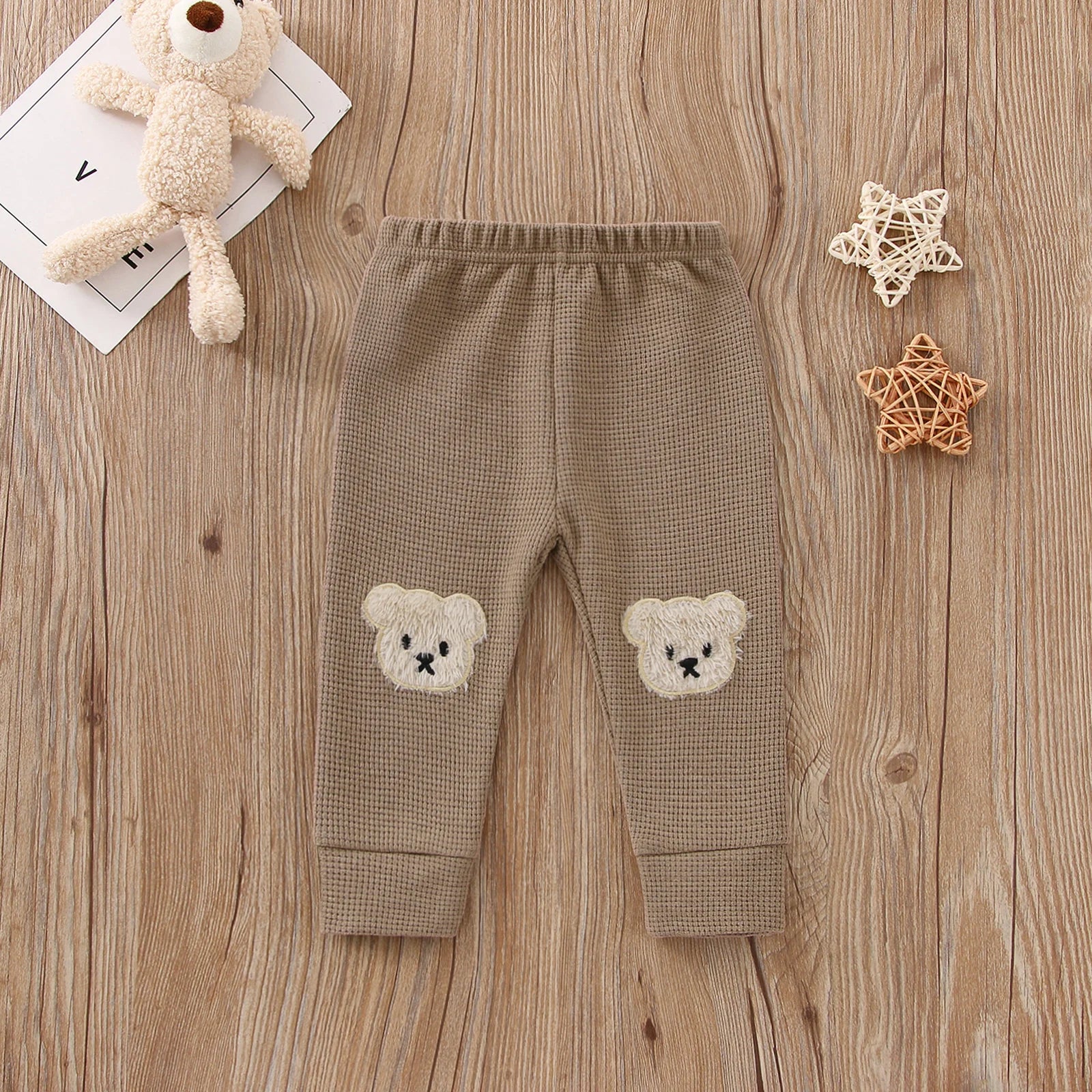 Infant Baby Girls Boys Pants, Cartoon Bear Applique Elastic Waist Trousers, Waffle-Knit Casual Pants for Toddlers, 0-3 Years