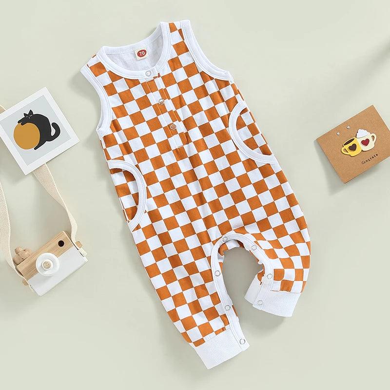 0-18M Baby Boys Casual Jumpsuit Sleeveless Plaid Printed Single Breasted Closure Romper for Casual Daily - Baby & Wear - Organic Baby Clothes