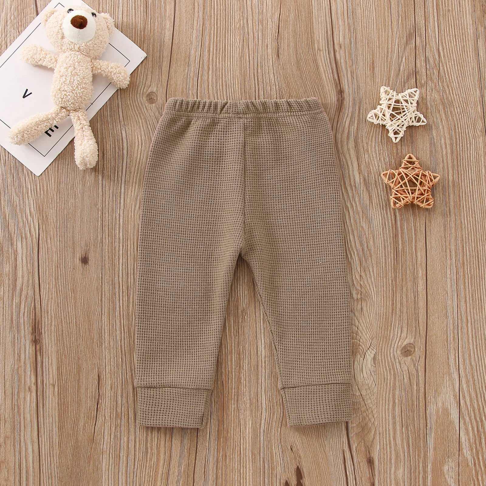 Infant Baby Girls Boys Pants, Cartoon Bear Applique Elastic Waist Trousers, Waffle-Knit Casual Pants for Toddlers, 0-3 Years