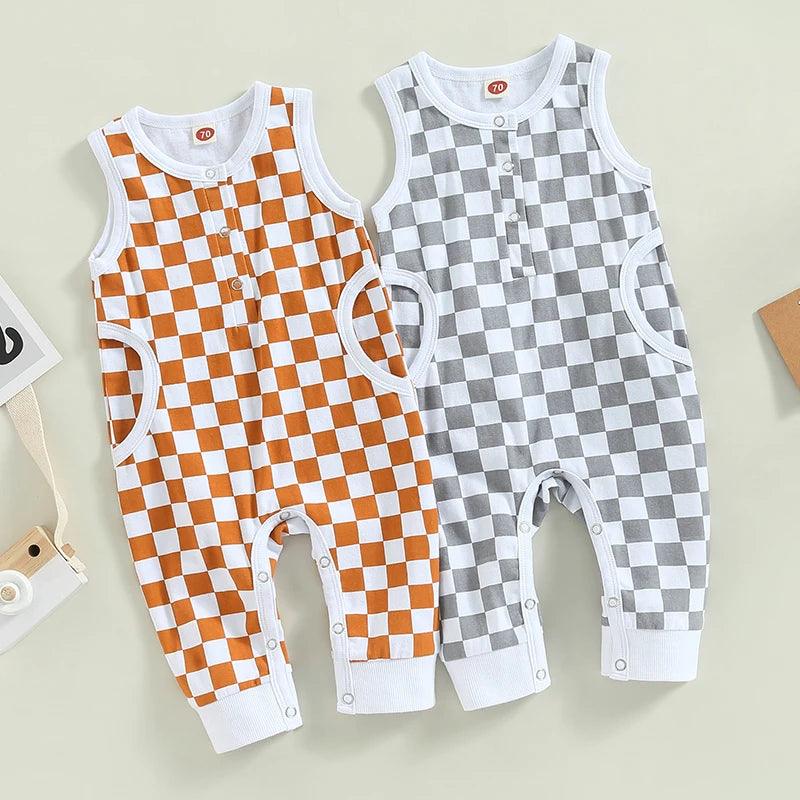 0-18M Baby Boys Casual Jumpsuit Sleeveless Plaid Printed Single Breasted Closure Romper for Casual Daily - Baby & Wear - Organic Baby Clothes