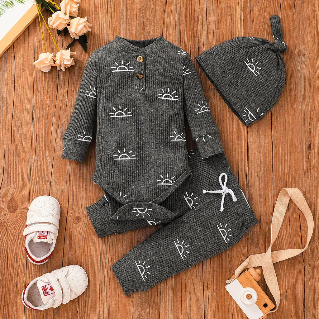 3 Piece Cute Baby Romper with Sunrise Pattern Matching Set Grey