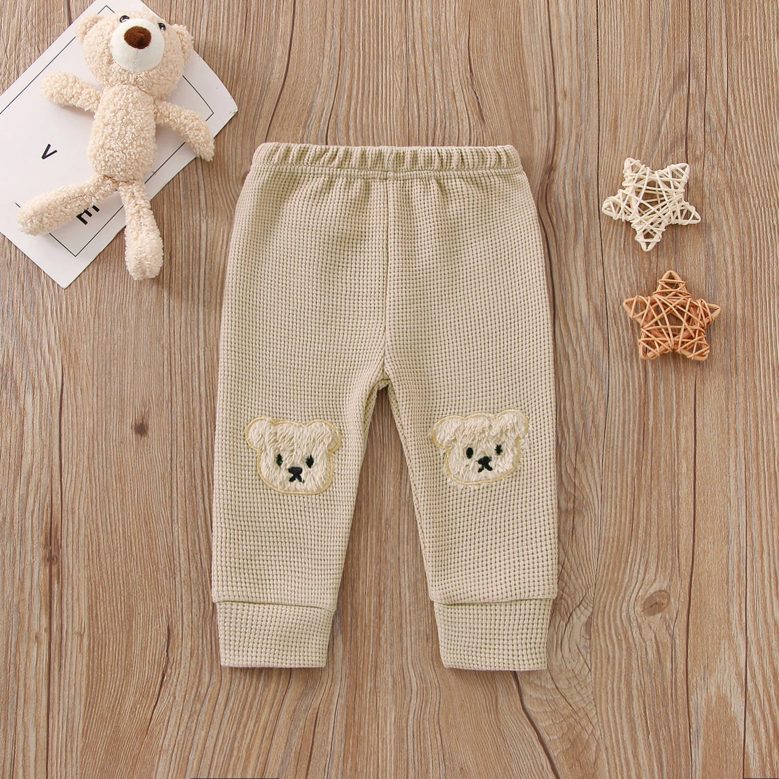 Infant Baby Girls Boys Pants, Cartoon Bear Applique Elastic Waist Trousers, Waffle-Knit Casual Pants for Toddlers, 0-3 Years