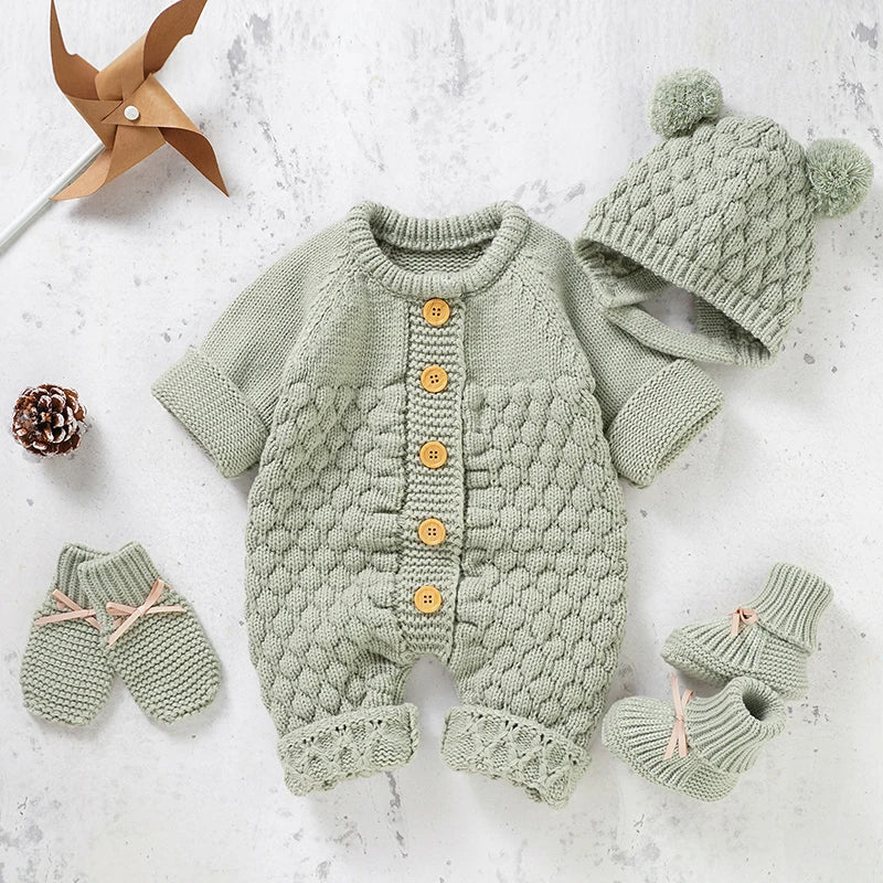 Baby Rompers Caps Clothes Sets Newborn Girl Boy Knitted Jumpsuits Outfits Autumn Winter Long Sleeve Toddler Infant Overalls 2pcs