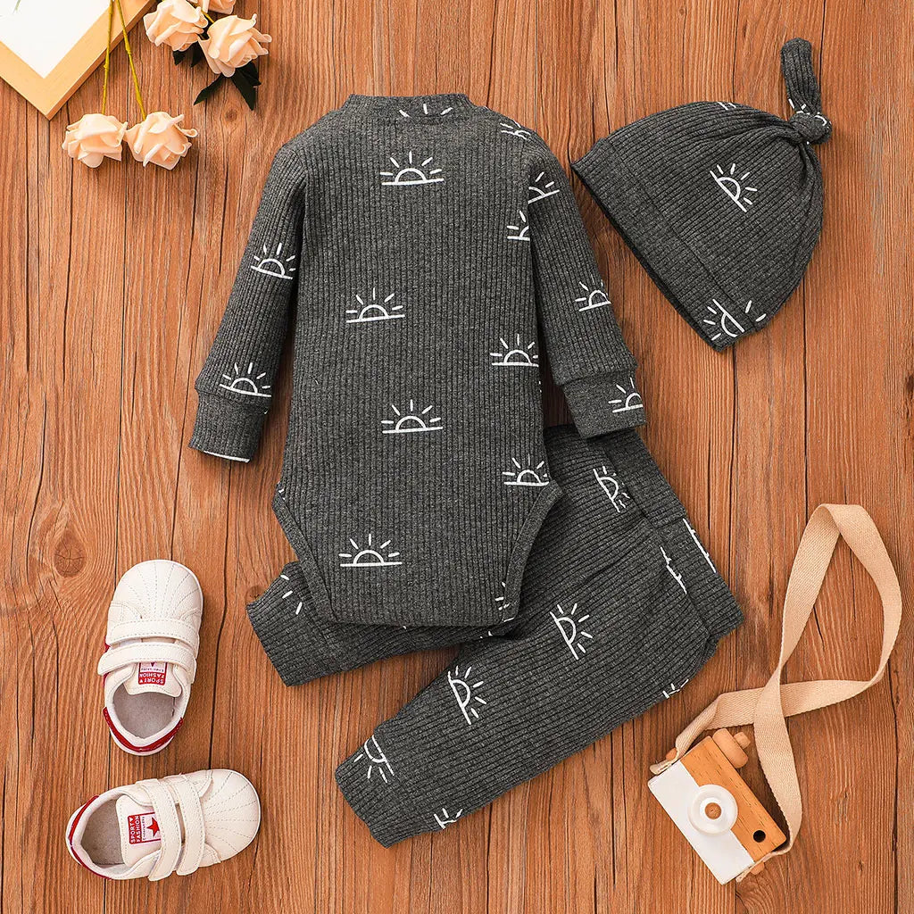 3 Piece Cute Baby Romper with Sunrise Pattern Matching Set Grey