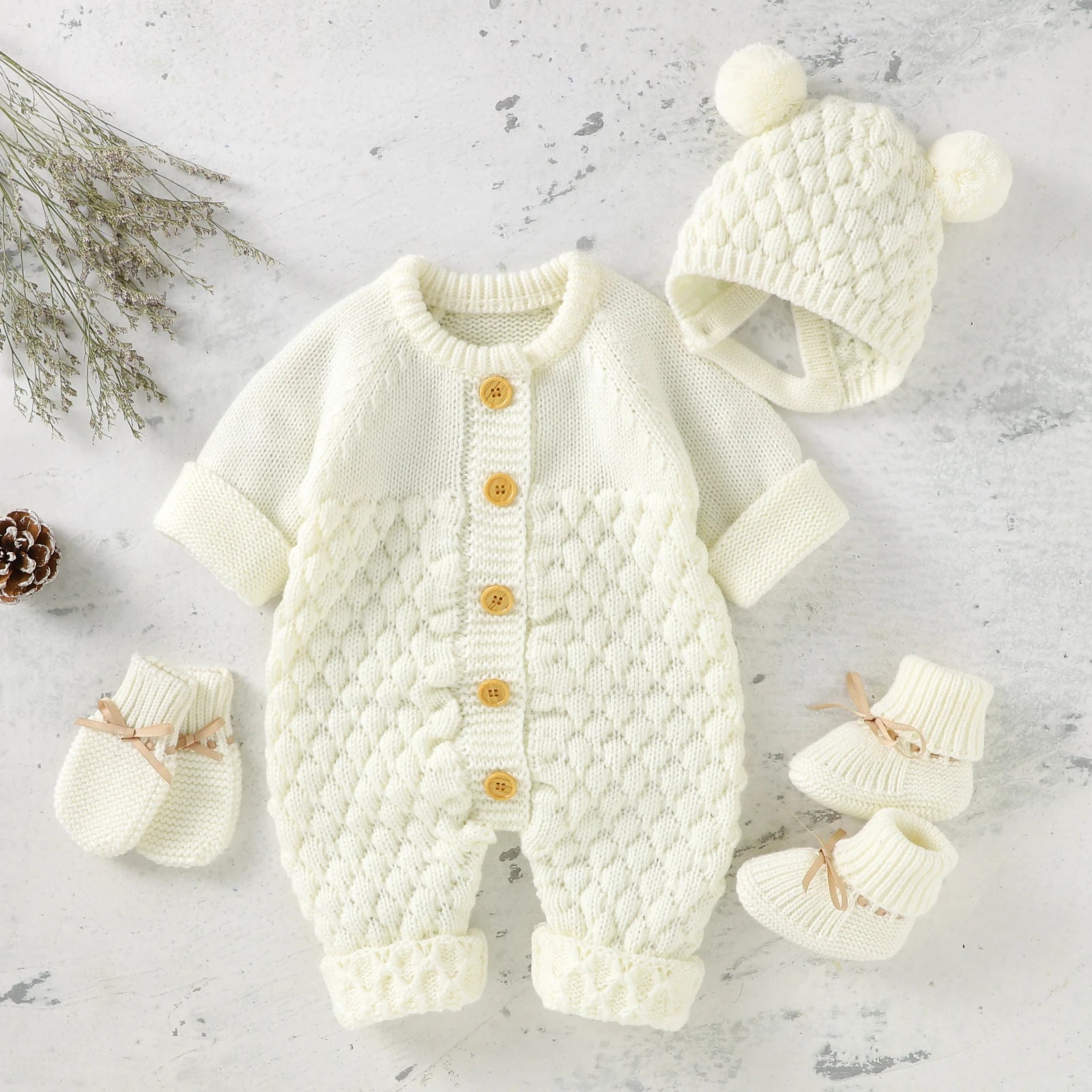 Baby Rompers Caps Clothes Sets Newborn Girl Boy Knitted Jumpsuits Outfits Autumn Winter Long Sleeve Toddler Infant Overalls 2pcs