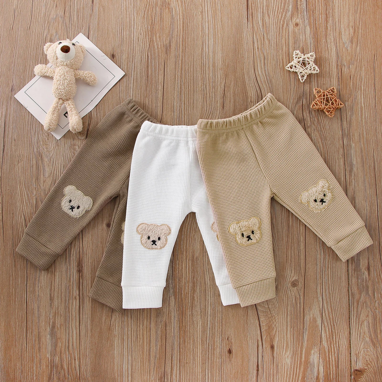 Infant Baby Girls Boys Pants, Cartoon Bear Applique Elastic Waist Trousers, Waffle-Knit Casual Pants for Toddlers, 0-3 Years