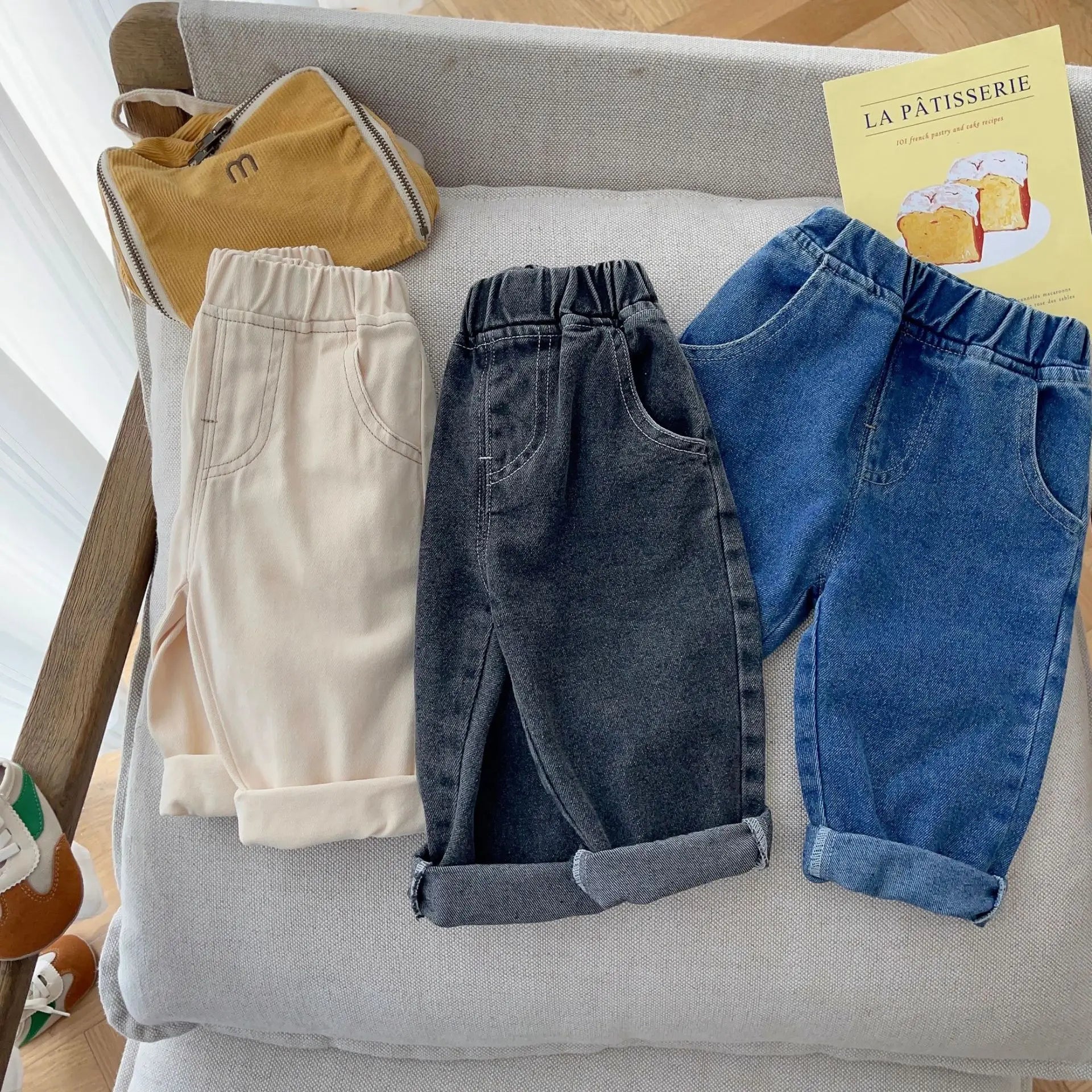 Children Solid Jeans 0-5y Baby Autumn Kid Boy Simple Soft Casual Pants Girl Baby Pockets Loose Fashion Trousers Infant Dungarees