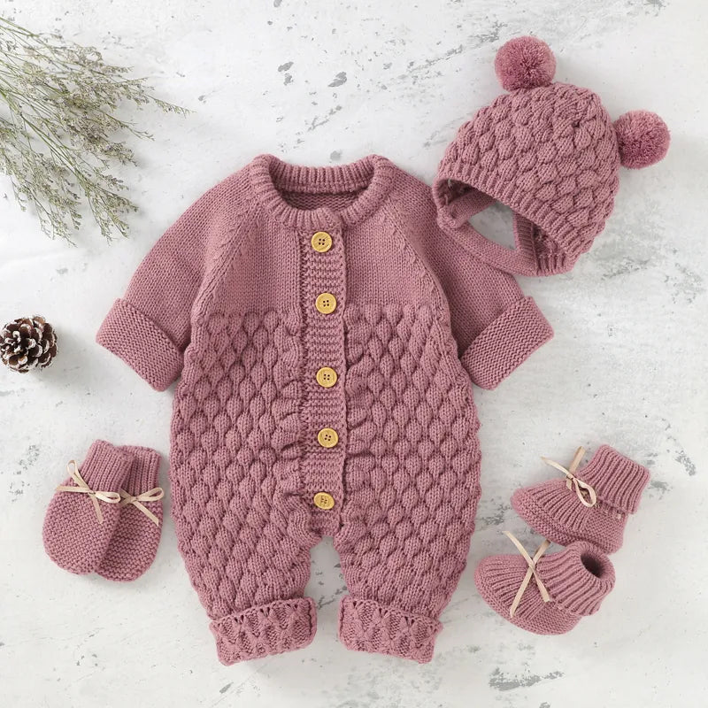 Baby Rompers Caps Clothes Sets Newborn Girl Boy Knitted Jumpsuits Outfits Autumn Winter Long Sleeve Toddler Infant Overalls 2pcs